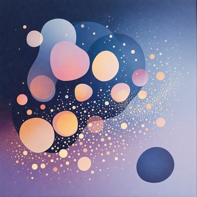 The primary subject of the image is a large, colorful, and abstract painting. The painting features a variety of shapes, colors, and patterns, creating a visually striking and dynamic composition. The setting is a blue background, which complements the vibrant colors of the painting. The visual style of the image is a combination of digital art and illustration, showcasing the artist's creativity and skill in creating a unique and engaging piece of art. The dominant colors in the painting are a mix of warm and cool t